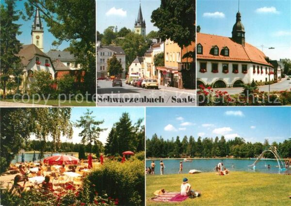 Schwarzenbach Saale Ortsmotiv mit Kirche Restaurant Terrasse Badesee