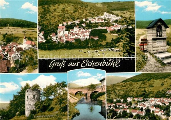 Eichenbuehl Unterfranken Panorama Burgruine Partie an der Erf Bildstock
