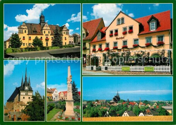 Lommatzsch Historischer Gasthof Goldene Sonne Ortsansicht mit Kirche Postmeilens