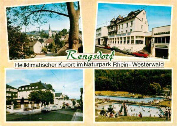 Rengsdorf Ortsmotiv mit Kirche Kurhotel Restaurant Freibad Naturpark Rhein Weste