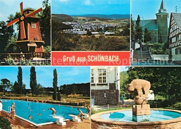 Schoenbach Dillkreis Gesamtansicht Windmuehle Kirche Brunnen Freibad