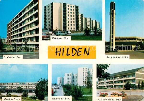 Hilden Mettmann Strassenpartien Hochhaeuser Wohnblocks Siedlungen Friedenskirche