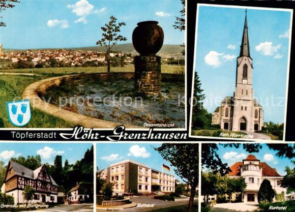 Hoehr-Grenzhausen Gesamtansicht Gedenkstein Kirche Kurhotel Rathaus Grenzau Burg