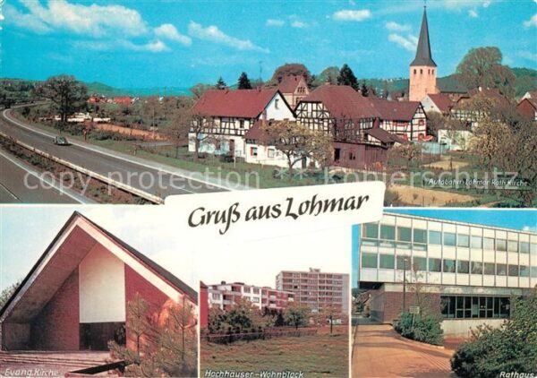 Lohmar Autobahn Teilansicht mit Kirche Hochhaeuser Wohnblock Rathaus