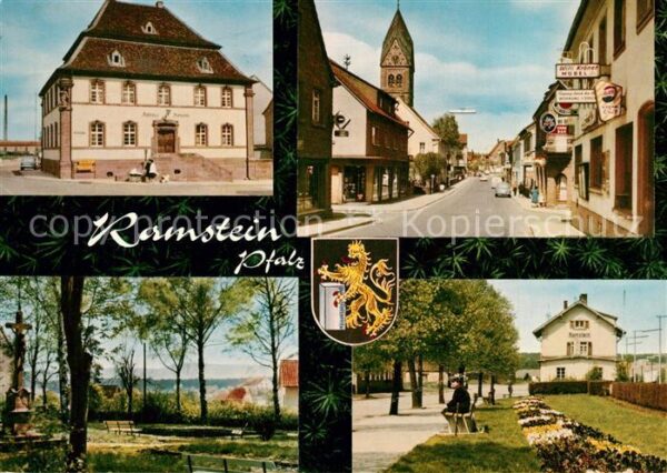 Ramstein-Miesenbach Rathaus Ortsmotiv mit Kirche Bahnhof Parkanlagen Kreuz Wappe