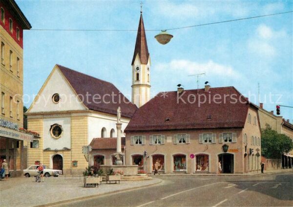 Bad Aibling Marienplatz mit Mariensaeule und St Sebastianikirche