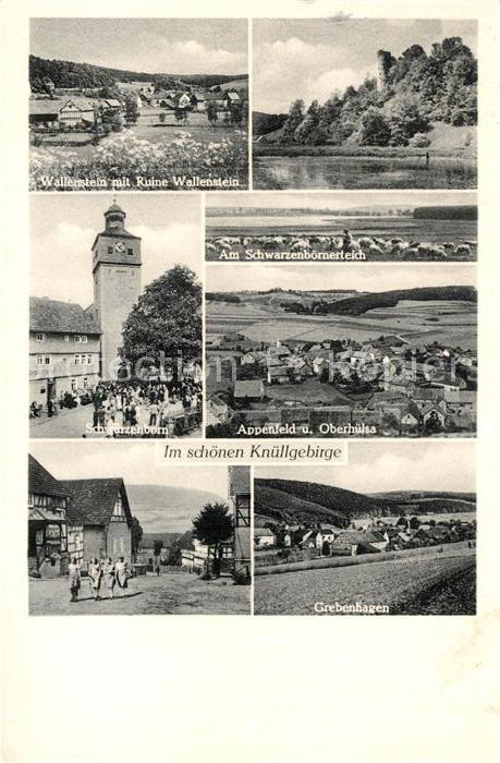 Knuellgebirge Wallenstein mit Ruine Am Schwarzenboernerteich Schwarzenborn Appen