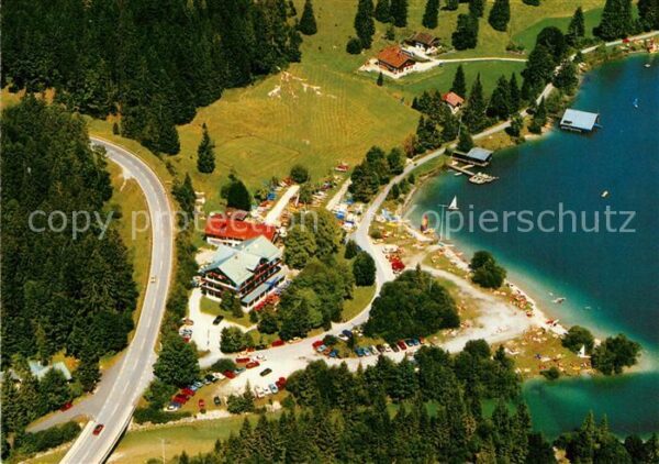 Walchensee Fliegeraufnahme Seehotel Gasthof Cafe Ferienwohnungen Einsiedl