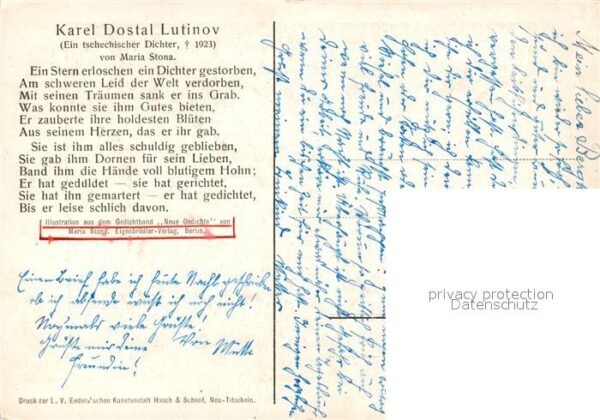 Kuenstlerkarte Raimund Mosler Johannesandacht Gedicht Maria Stona Karel Dostal L – Bild 2