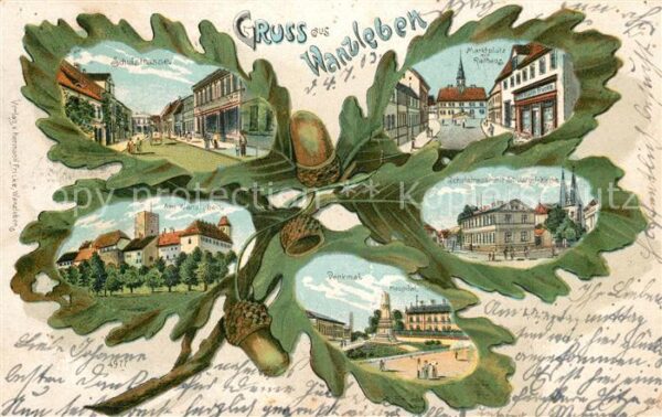 Wanzleben Denkmal Schulstrasse Marktplatz Rathaus Eichenblatt Litho