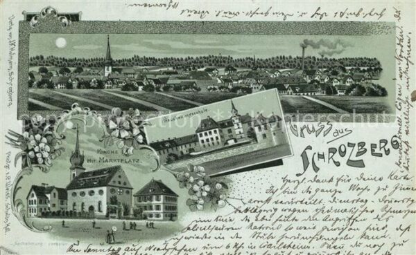 Schrozberg Totalansicht im Mondschein Kirche Marktplatz Schule Litho