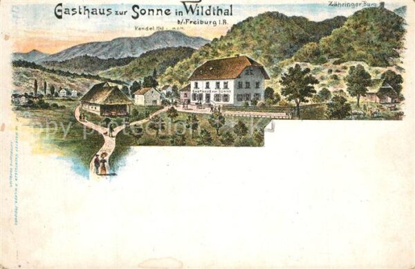 Wildtal Gasthaus zur Sonne Zaehringer Burg Kandel Schwarzwald Litho