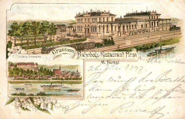 Pirna Bahnhof Restaurant Eisenbahn Schloss Sonnenstein Deutsche Reichspost Litho