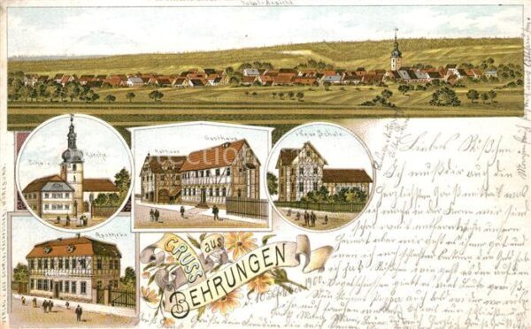 Behrungen Panorama Schule Kirche Rathaus Gasthaus Apotheke Litho