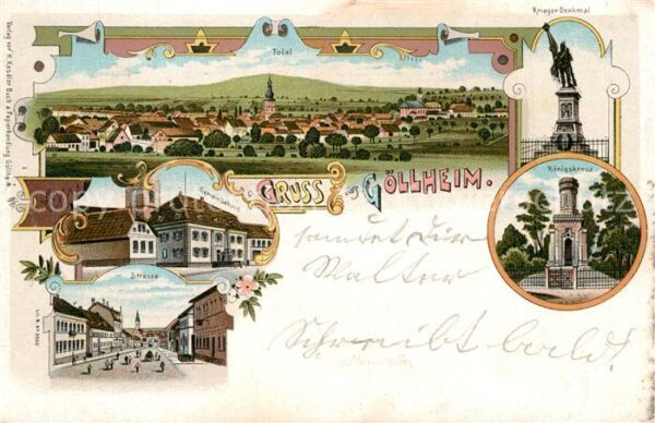 Goellheim Totalansicht Kriegerdenkmal Koenigskreuz Gemeindehaus Litho