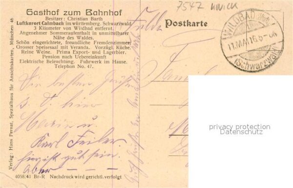 Calmbach Enz Gasthof zum Bahnhof Schwarzwald Kuenstlerkarte – Bild 2