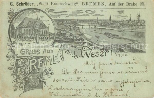 Bremen Panorama Blick ueber die Weser Rathaus Deutsche Reichspost Litho