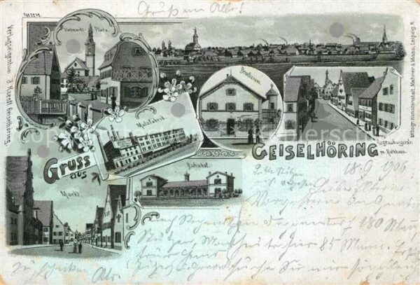 Geiselhoering Stadtpanorama Viehmarktplatz Kirche Malzfabrik Rathaus Litho