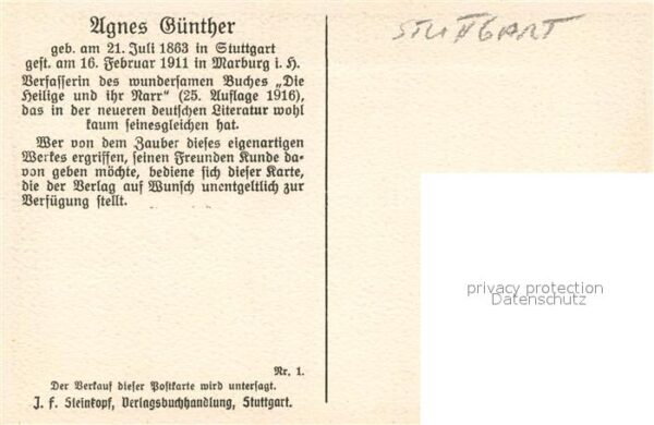 Stuttgart Agnes Guenther Verfasserin Buch Die Heilige und ihr Narr – Bild 2
