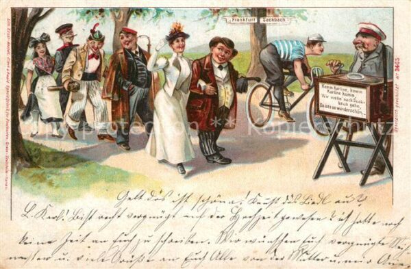 Drehorgel Fahrrad Seckbach Frankfurt Litho