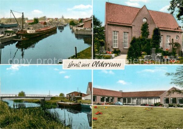 Oldersum Kanal Frachtkaehne Friedhof Bruecke Liegewiese
