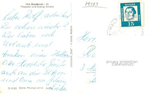 Waldkirch Breisgau Postamt und evangelische Kirche Blick zum Schwarzwald – Bild 2