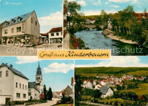 Kinderbeuern Ortsansicht mit Kirche Ladengeschaeft Partie am Fluss Panorama