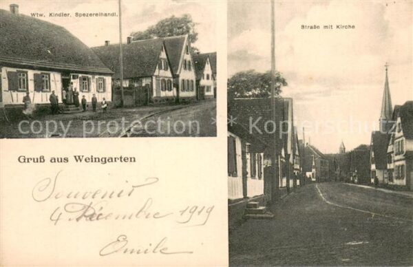 Weingarten Pfalz Wtw Kindler Spezereihandlung Strasse mit Kirche
