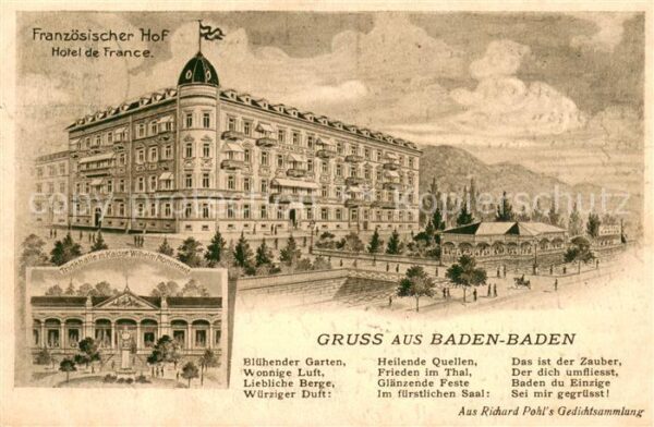 Baden-Baden Franzoesischer Hof Trinkhalle mit Kaiser Wilhelm Monument