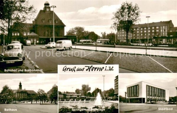 Herne Westfalen Bahnhof und Busbahnhof Rathaus Springbrunnen Stadtbad