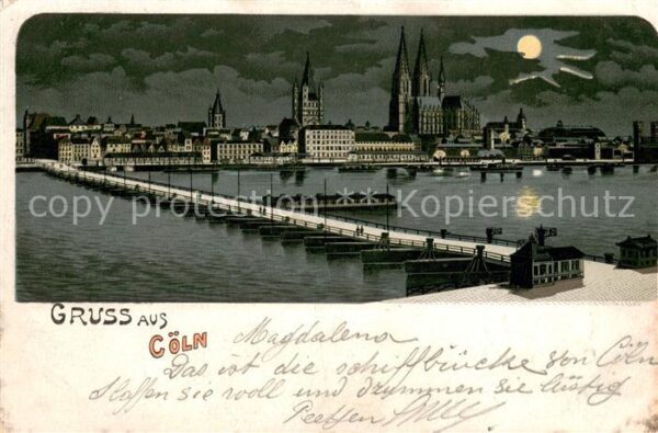Coeln Rhein Schiffbruecke und Dom bei Nacht