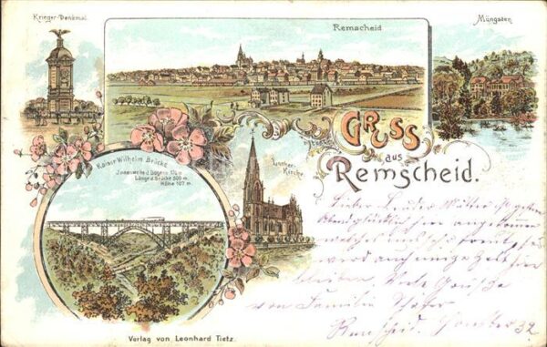 Remscheid Krieger-Denkmal Kaiser-Wilhelm-Bruecke Luther-Kirche Litho
