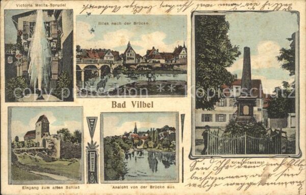 Bad Vilbel Kriegerdenkmal Victoria-Molita-Sprudel Bahnpost-Stempel