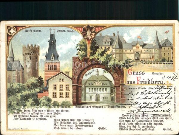 Friedberg Hessen Roter Turm Katholische Kirche Mathildenstift Gedicht Litho