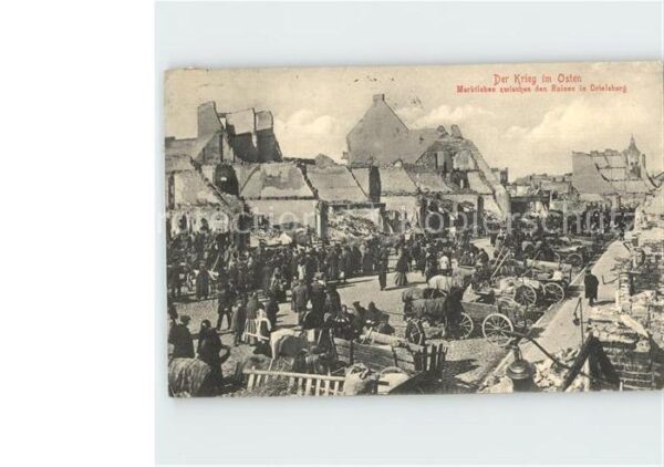 Ortelsburg Ostpreussen Markttreiben zwischen den Ruinen der Stadt