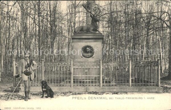 Treseburg Harz Pfeil's Denkmal Hirschstatue Jaeger Hund
