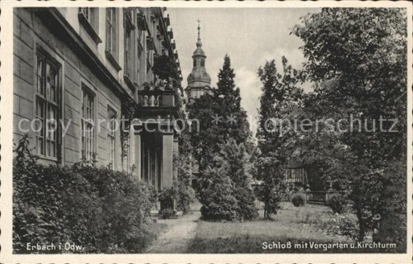 Erbach Odenwald Schloss mit Vorgarten und Kirchturm