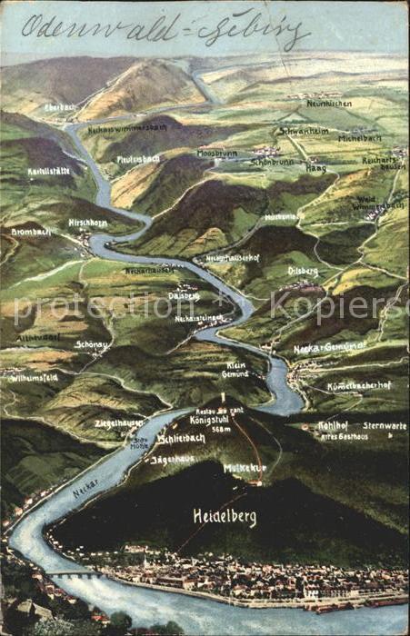 Heidelberg Neckar Panoramakarte Odenwald-Gebirge