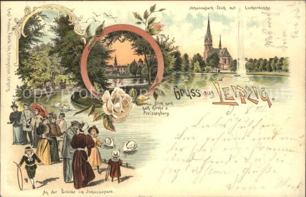 Leipzig Johannapark Teich mit Lutherkirche Blick Kat. Kirche Pleissenburg