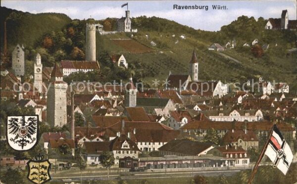 Ravensburg Wuerttemberg Teilansicht Turm Kirche Wappen
