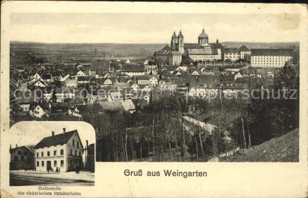 Weingarten Wuerttemberg Teilansicht mit Kloster Haltestelle elektrische Strassen