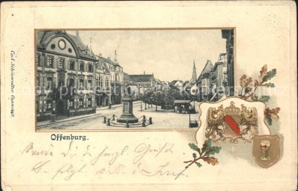 Offenburg Marktplatz Brunnen Wappen Weinglas