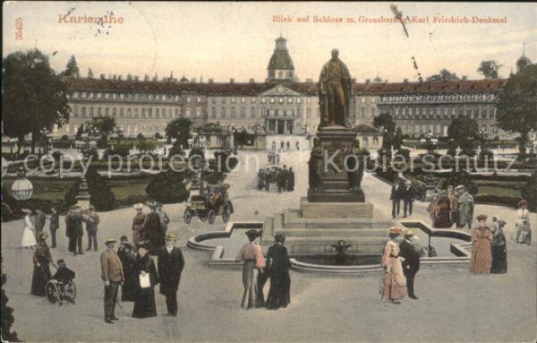 Karlsruhe Baden Blick auf Schloss m. Grossherzog Karl Friedrich-Denkmal