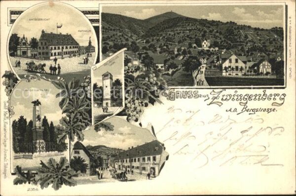Zwingenberg Bergstrasse Rathaus Amtsgericht Kriegerdenkmal Litho