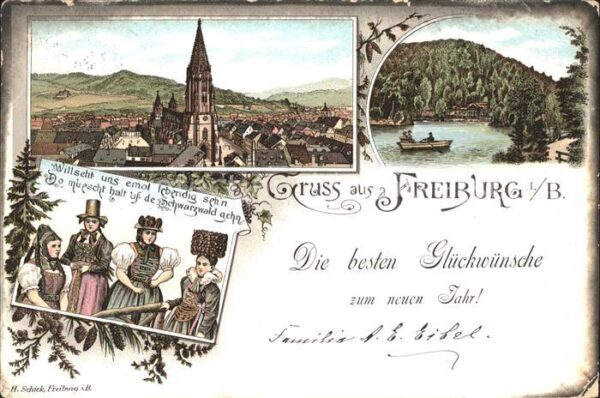 Freiburg Breisgau Trachten Litho Glueckwuensche neuen Jahr