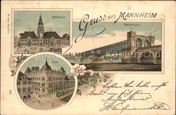 Mannheim Rathaus Post Rheinbruecke Litho
