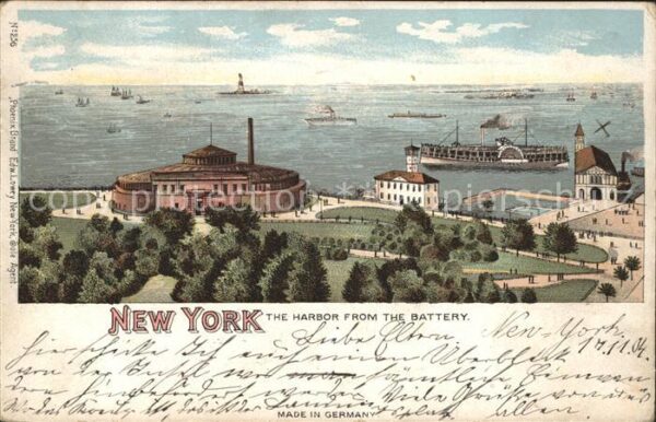New York City The Harbor from the Battery Wasserraddampfer Litho