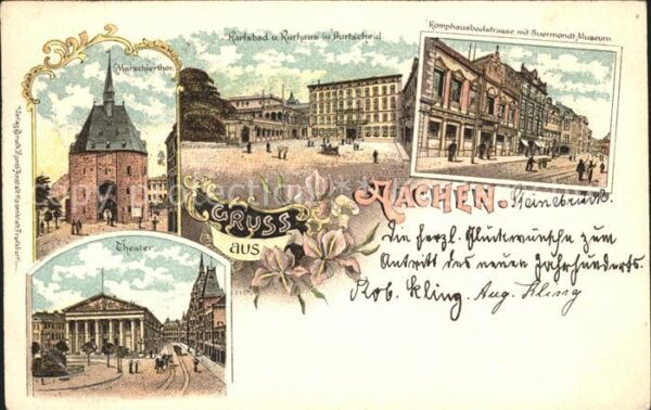 Aachen Komphausbadstrasse Suermondt-Museum Theater Karlsbad Litho