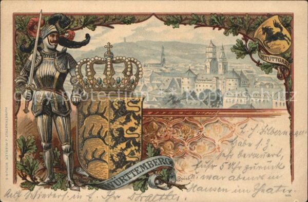 Stuttgart Wappen Krone Ritter Litho