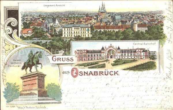 Osnabrueck Zentral-Bahnhof Kaiser Wilhelm-Denkmal Litho